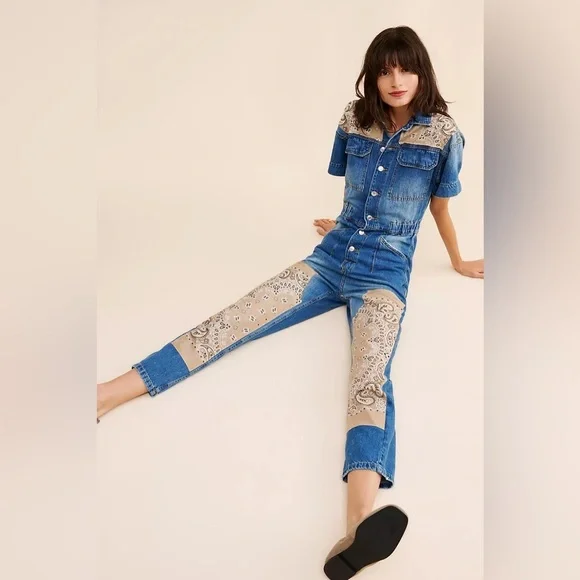 New! Free People x Tricia Fix Tan Bandana Patchwork Blue Denim Jumpsuit💙 Medium - Picture 4 of 13